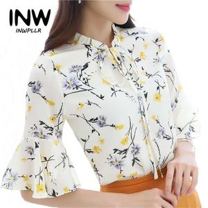 Kwiatowe szyfonowe kobiety Bluzki Koszule żeńskie bluzki moda damskie koszula flare rękaw plus rozmiar blusa feminino 220119