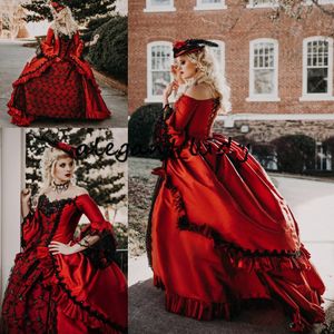 und Vintage-Kleider in Rot und Schwarz, lange Poet-Ärmel, Stufenrock, Satin, Spitze, Kristalle, Korsettrücken, Hochzeit, Brautkleid, Roben von De Mari e