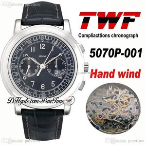 TWF Platinum complicações cronógrafo 5070P-001 Mão enrolamento automático mens relógio caso de aço preto dial preto couro ptpp puretime a1