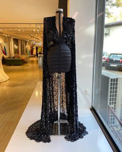 Sexig Glaring Long Black Evening Klänningar 2021 Hög Neck Front Short Long Back Sequin African Formal Evening Party Crows med sjal