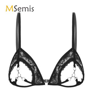 Erotic Lingerie Costume for Sexy Womens See Through Sheer Lace Open Cups Bra Top with Metal Rings Linked at Bust Sexy Nightwear