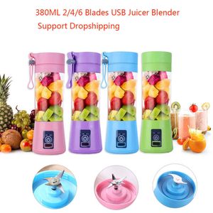 380/420 ml Portable Blender Juicer Cup 2/4/6 Blades USB Electric Automatisk smoothie Vegetabilisk frukt Citrus Orange Juice Maker Cup Squeezer