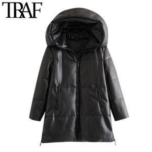 TRAF женская мода густая теплая зима из искусственной кожи Parkas пальто винтаж с капюшоном с капюшоном женская верхняя одежда шикарное пальто 201217