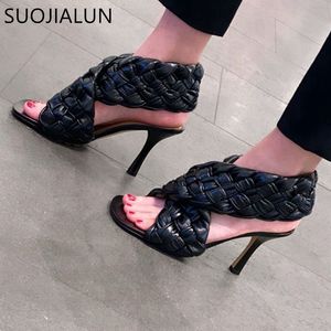 SUOJIALUN Sommer Marke Design Weben Sexy Thin High Heel Kleid Slip Auf Peep Toe Pumpe Outdoor Sandale Schuhe Q1217