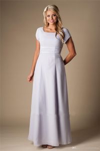 Simples lilás longo chiffon modesto vestidos de dama de honra com mangas tampão barato vestidos de festa de casamento A-line empregada de vestidos de honra Novo