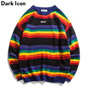 Ícone escuro Rainbow Stripe O-pescoço Pullover Masculino Camisola de Inverno Carta Bordado Sweater para Homens 2Colors 201120