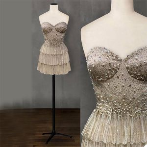 Luxury Short Evening Dresses Pearls Sequins Bling Bling Design Ruffles Tulle Prom Gowns Sweetheart Sleeveless Custom Made Formal Party Dress