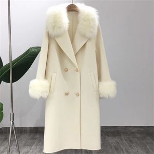 Oftbuy casaco de pele real winter jaqueta mulheres natural raposa colar de pele cashmere lã mistura longa outerwear senhoras streetwear 201103