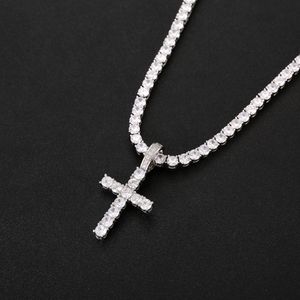 Iced Out Zircon Cross Pendant med 4mm tenniskedjans halsband Set Mens Hip Hop Jewelry Gold Silver CZ