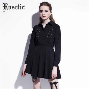Rosética gótico mini vestido preto lace-up mulheres outono vestido casual uma linha botão lapela moda high street preppy vestido goth t200320