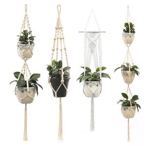 4pcs / set potthängare handgjorda macrame växthandlare blomma krukhängare jute retro blomma kruk hängande rep för vägg balkong dekorationer m3199