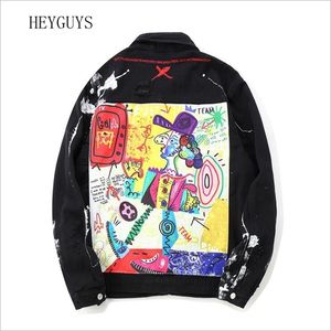 Graffiti Appliques Hip Hop Jean Jacket Men Art Gone Mad Turn Down Collar Denim Jackets Men Streetwear Clothes Rated LJ201013