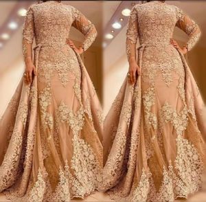 Long Sleeves 2021 Evening Dresses Jewel Neck Lace Applique Overskirt Sweep Train Custom Made Plus Size Prom Party Formal Gowns Vestidos