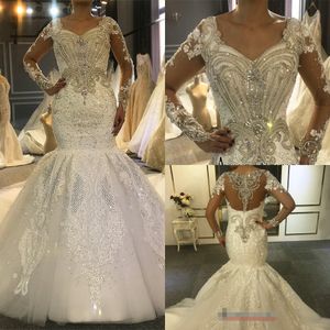 Luxury Arabic Dubai Mermaid Wedding Dresses 100CM Train Heavy Beading Lace Appliques Illusion Sleeevs Bridal Dress vestido de noiva robe de mariee 2022