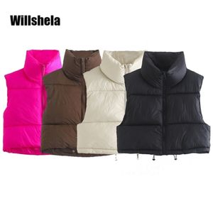 Willshela 여성 패션 하이 목 자른 웨이스트 코트 조끼 캐주얼 여성 소매 성매매 세련된 숙녀 겨울 따뜻한 의상 220125