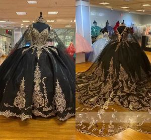 Quinceanera Black Beaded Dresses With Cape Gold Lace Aptique Crystals Spaghetti Strap