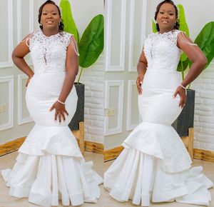 2022 Plus Größe Arabisch Aso Ebi Weiße Meerjungfrau Sexy Hochzeit Kleid Sheer Neck Spitze Perlen Brautkleider Kleid ZJ220