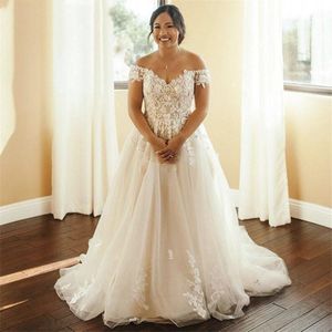 Vintage Off Shoulder A Line Lace Wedding Gowns 2021 with Appliques Sweep Train Lace-Up Tulle Bridal Dresses vestidos de novia