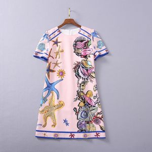 European and American Women's Clothing 2021 the New Spring Short Sleeve Nail Bead Starfish Printing Fashionable Dress