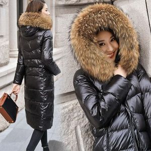ロングホワイトアヒルブラックダウンコート女性厚い毛皮カラーフード付き冬大サイズの防風雪の暖かい女性のフグジャケット201023