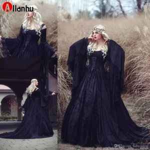 NOVO! Vintage gótico halloween laço princesa vestidos de casamento plus size off ombro luva longa castelo capela trem vestido de casamento bc2424