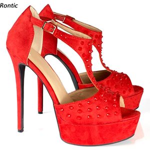 Rontic Hot Handmade Kobiety Platformy Sandały T- Pasek Sexy Studged Stiletto Obcasy Otwarte Toe Gorgeous Red Party Shoes US Rozmiar 5-20