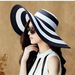 Летние женские шляпы солнца шляпы козырек шляпа большие краевые классические черные белые полосатые соломенные шляпа вскользь открытый пляж для женщин ультрафиолетовая защита y200602