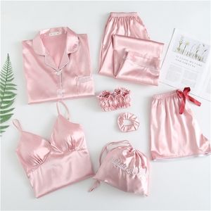JULY'S SONG 7 Pieces Faux Silk Stain Pajamas Sets With Chest Pad Pyjama Sexy Sling Shorts Long Sleeve Long Pants Sleepwear Top 201217