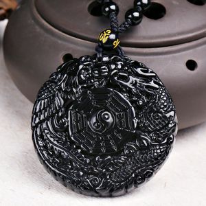 10 Handmade Weave Pendant Chinese Dragon Phoenix Eight Trigrams Necklace Black Obsidian Stone Buddism Guanyin Jewelry