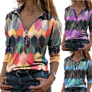 Kobiety Vintage Geometryczne Print Bluzka Koszula Wiosna Jesień Casual Z Długim Rękawem Pullover Topy Ladies 3XL Elegancki V Neck Loose Blusa