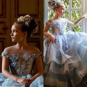 Cheap Cute Sky Blue Pageant Dresses Off Shoulder Ruffles Tulle Tiered Puffy Floral Beads Long Kids Flower Girls Birthday Gowns