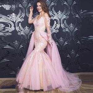 Underbara rosa sjöjungfrun prom klänningar med avtagbara tåg applikationer spets pärlor rena långa ärmar av axelblommor formella kvällsklänningar