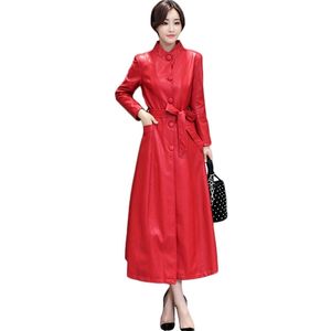 Jaqueta de couro mulheres vermelhas l-4xl plus tamanho longo falso casaco de couro novo outono inverno coreano moda único casaco breasted jd340 201030