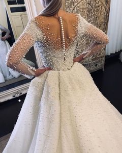 Major Beading Mermaid Wedding Dresses With Detachable Train Sheer Neck Peals Beaded Long Sleeves Gorgeous Bridal Dress vestido de 170Q