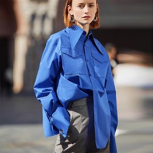 AEL Royal Blue shirt women Lapel Blouse Feminina fashion Safari style Spring Summer top Clothing loose Plus Size 220311