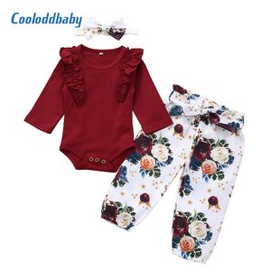 Autumn Newborn Baby Girl Clothes Set Ruffle Tops Long Sleeve Romper + Floral Pants + Headband Outfit New born Infant Clothing LJ201221