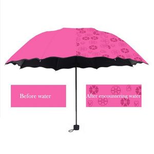 Damensonnenscheinblüten im Wasser ändern die Farbe Sonnenschirm-Regenschirm dreifach gefalteter schwarzer Gummi-Sonnenschutz UV-Damenschirme 201218