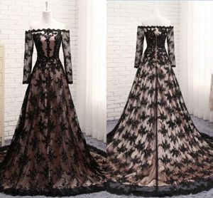 2021 schicke schwarze Spitze Brautkleider mit schulterfreien Ärmeln, Applikationen, Perlen, Reißverschluss, langer Zug, Damen-Brautkleid, Übergröße, Vintage