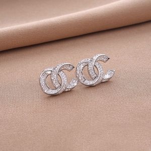 Sweet 18K Gold Plated Luxury Brand Designers Letters Stud Clip Chain Geometric Famous Women 925 Silver Crystal Rhinestone Earring Wedding Party Jewerlry 2Colors