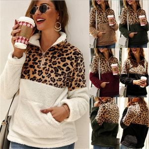 Kvinnor Fleece Sweatshirt Vinter Casual Faux Fur Leopard Patchwork Fluffly Kvinna Hoodies Varm Turtleneck Zipper Tjock Sherpa Toppar T200727