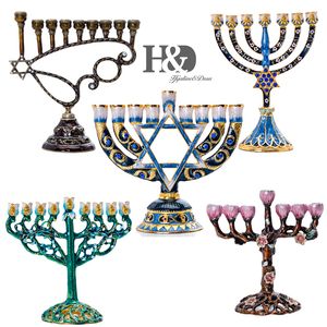 H&D 5 styles Hanukkah Hand Painted Enamel Menorah Candelabra Chanukah Temple Candlesticks 9 Branch Star of David Candle Holder LJ201018