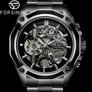 FORSINING Automatic Mechanical Men Wristwatch Military Sport Male Clock Top Brand Luxury Black Steel Skeleton New Man Watch 8130 Y1214