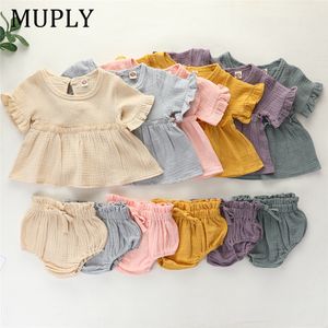 2st nyfödd spädbarn baby tjejer kläder sätter söt bomull mjuk solid ruffles kortärmad t-shirts Toppar + shorts outfits kostym f1210