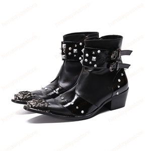 Fashion rebites Homens Motorcycle Ankle Botas Masculinas Plus Size Fivela Festa Clube de Couro Botas de Calcanhar Médio Botas de Cowboy