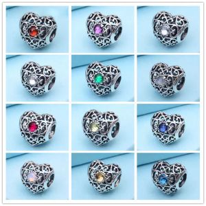 100% 925 Sterling prata amor coração birthstone charme bead se encaixa europeu Pandora syle jóias pulseiras