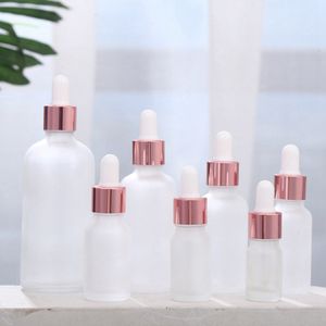 Rensa frostat glas Essential Oil Perfume Bottle Flytande Reagent Pipette Dropperflaska med Rose Gold Cap 5-100 ml RRF2924