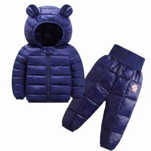 Color sólido As roupas infantis conjuntos de inverno meninas e meninos jaquetas calças terno para baixo-algodão crianças roupas para 1-5 anos de idade 201031