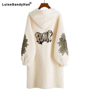 Womens Faux Fur Coat Fashion Female Long Printed Letter Overcoat Hooded Jacket Autumn Winter Full Sleeve Warm Casual 201029