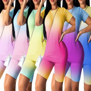 2022 Summer Women Tracksuits Short Sleeve T-shirt + Shorts Gradient Color 2 Piece Jogger Sets Yoga Outfits Gym Clothes Plus Size
