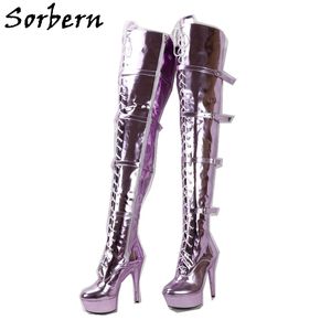 Sorbern metálico 15cm de salto alto mulheres botas tortas de torre alta unisex ladyboy boot lace up 4 tiras fivelas pólo pólo saltos de dança